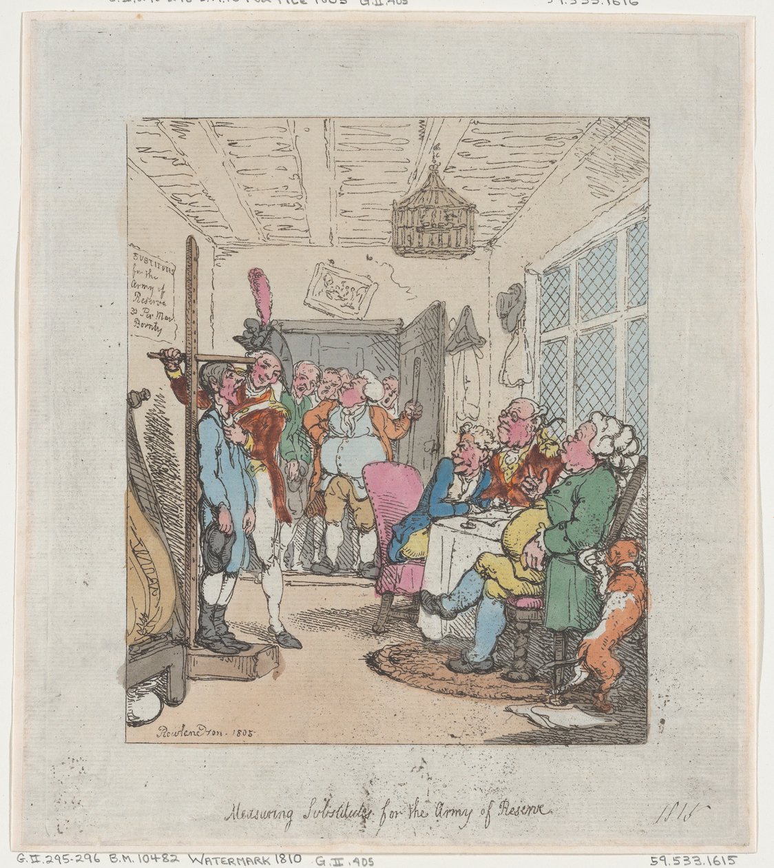 Meten van vervangers voor het reserveleger, 1805 door Thomas Rowlandson