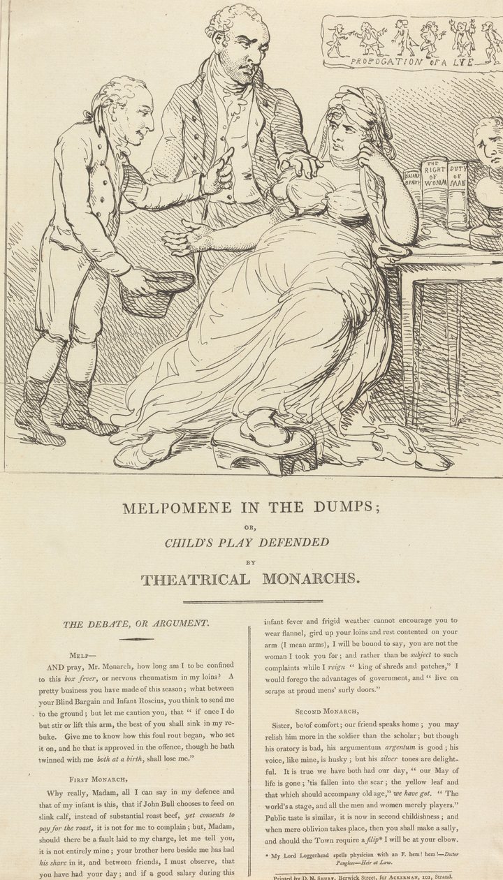 Melpomene in de put; of: Kinderspel verdedigd door theaterkoningen door Thomas Rowlandson