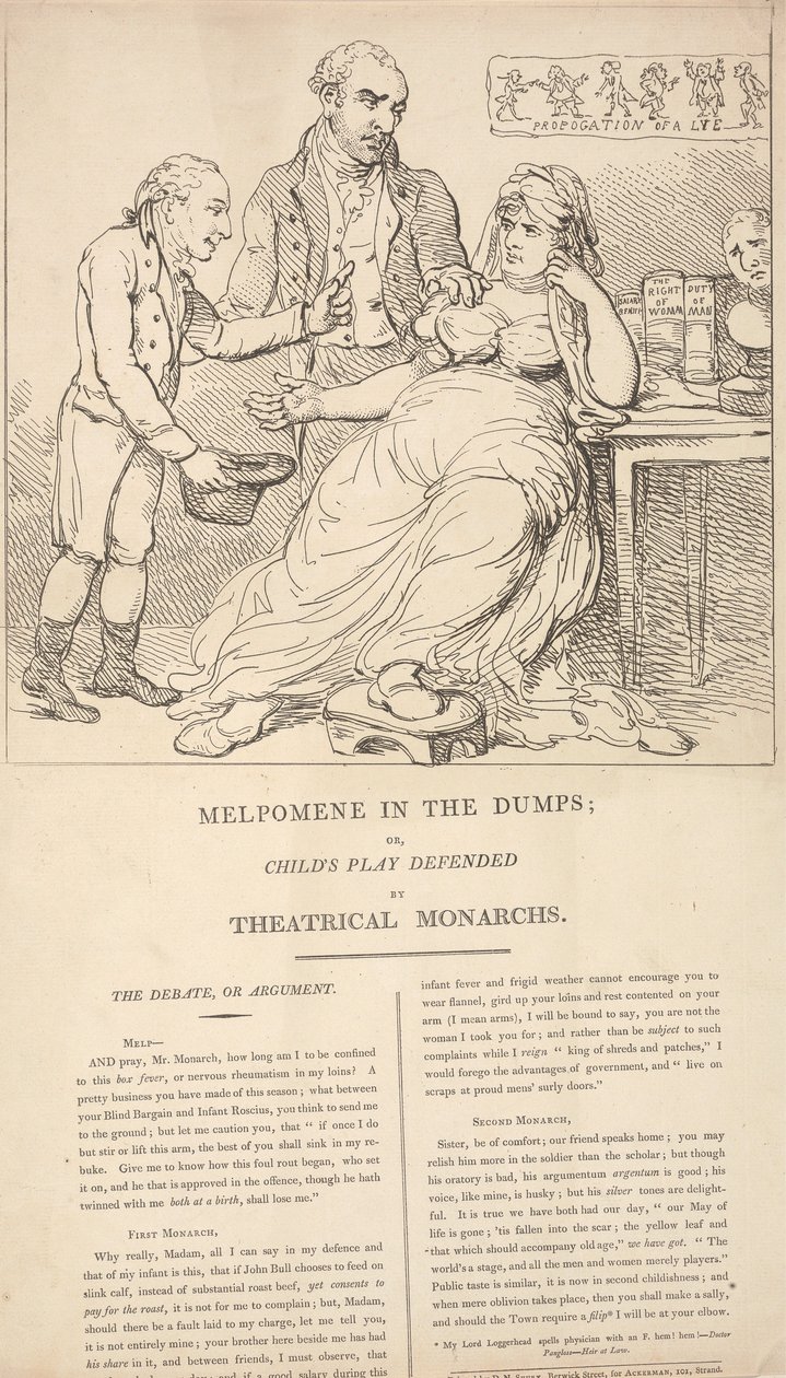 Melpomene in de put; of: Kinderspel verdedigd door theaterkoningen door Thomas Rowlandson