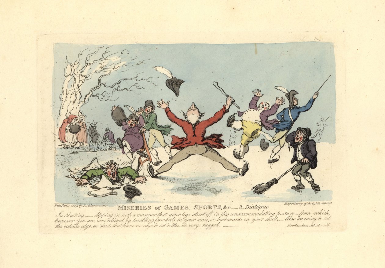 Mannen die vallen op schaatsen, een ander valt door het ijs door Thomas Rowlandson