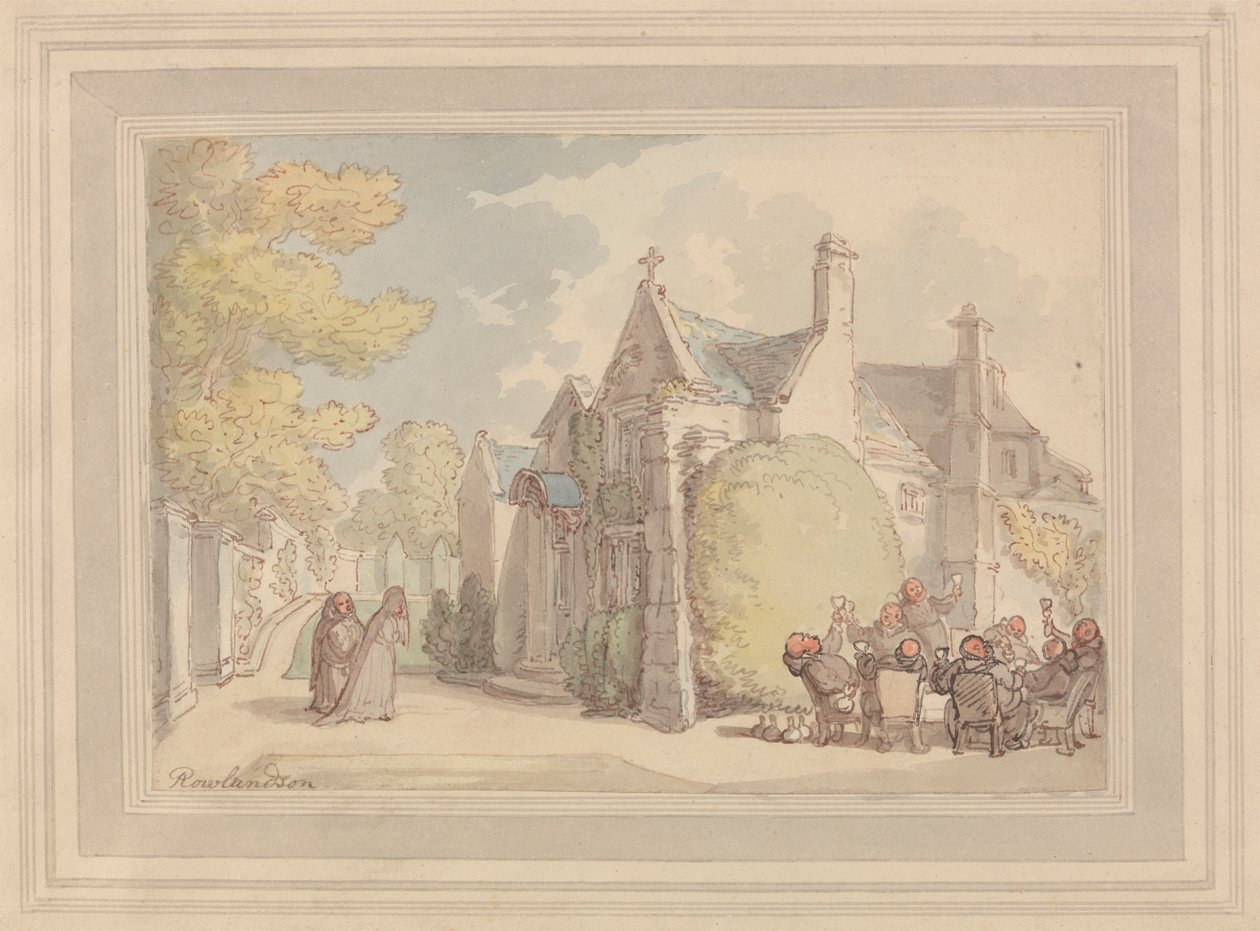 Monniken die buiten een klooster feestvieren door Thomas Rowlandson