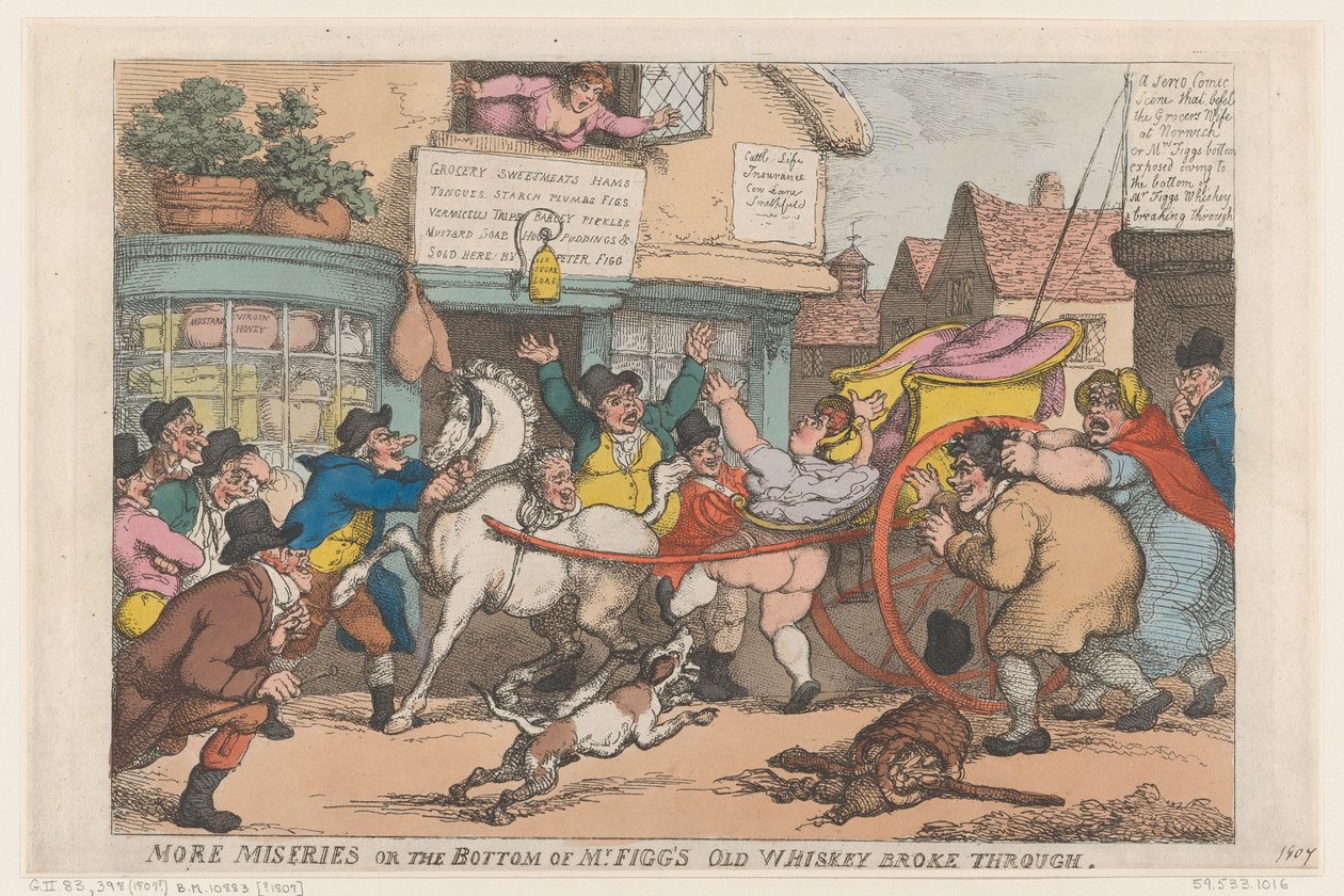 Nog meer ellende: de bodem van de oude whiskyfles van meneer Figg is doorgebroken door Thomas Rowlandson
