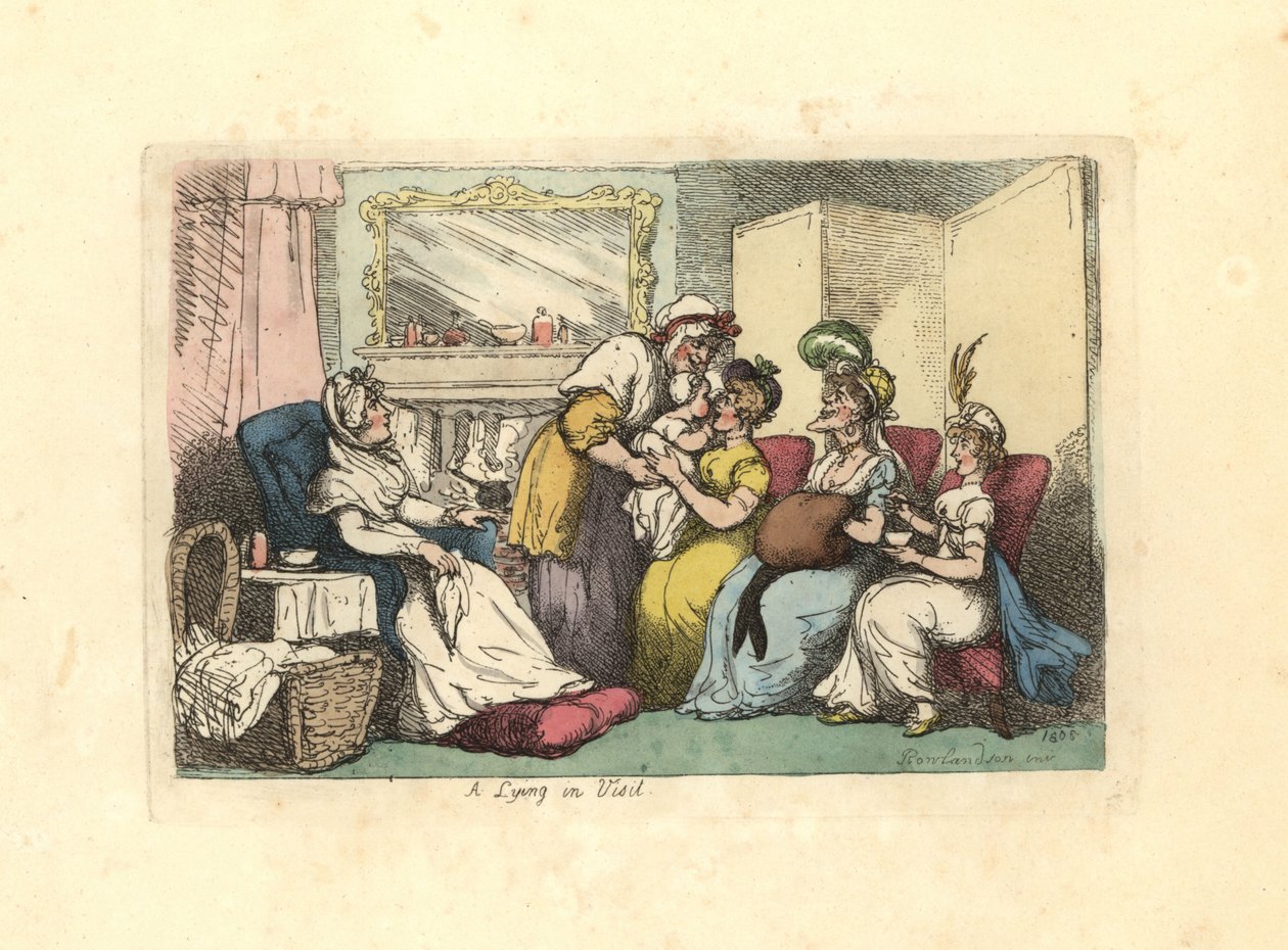 Moeder met pasgeboren baby bezocht door verschillende vrouwen in een salon door Thomas Rowlandson