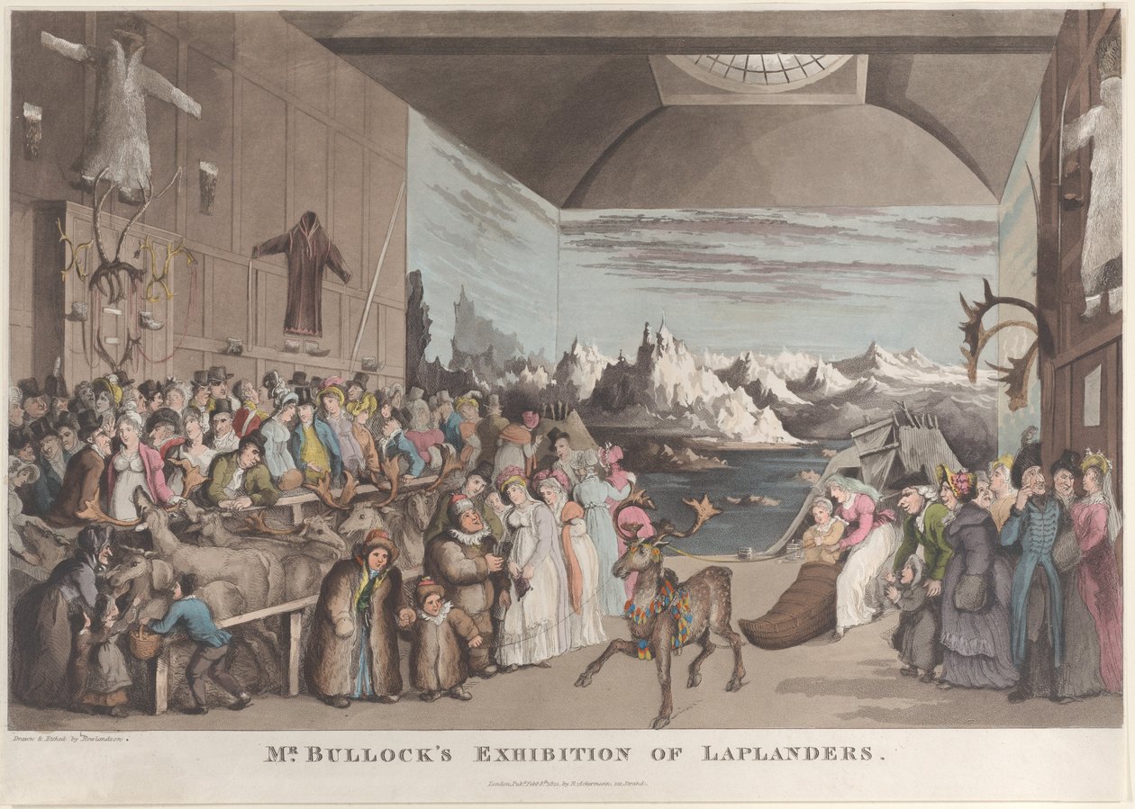 De tentoonstelling van Laplanders van Mr. Bullock door Thomas Rowlandson