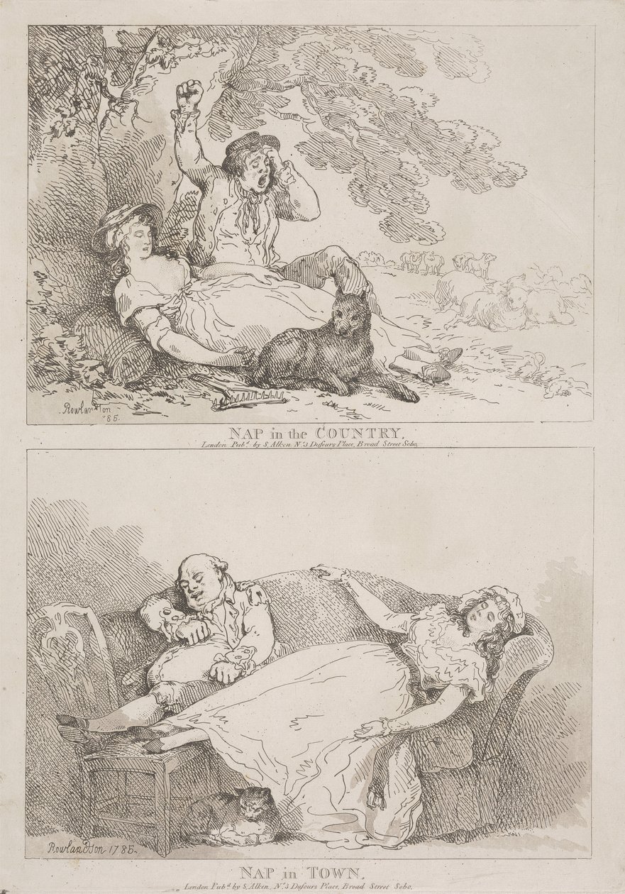 Een dutje op het platteland - Een dutje in de stad door Thomas Rowlandson