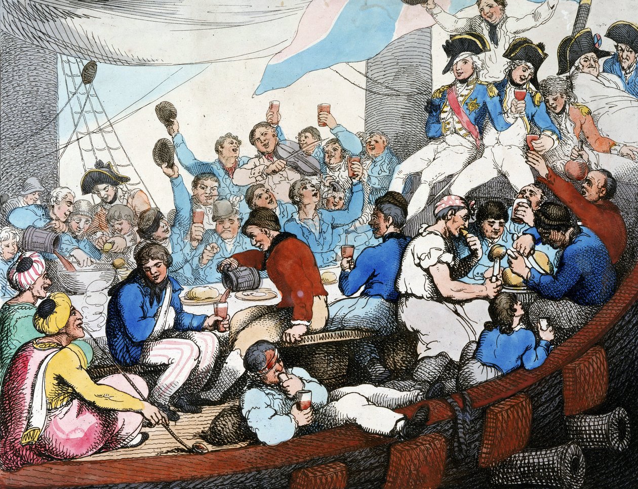 Napoleontische Oorlogen, Egyptische Veldtocht (1798-1801): Admiraal Horatio Nelson viert met zijn troepen zijn glorieuze overwinning in de Slag bij de Nijl (Slag bij Aboukir) (augustus 1798), aan boord van zijn schip door Thomas Rowlandson