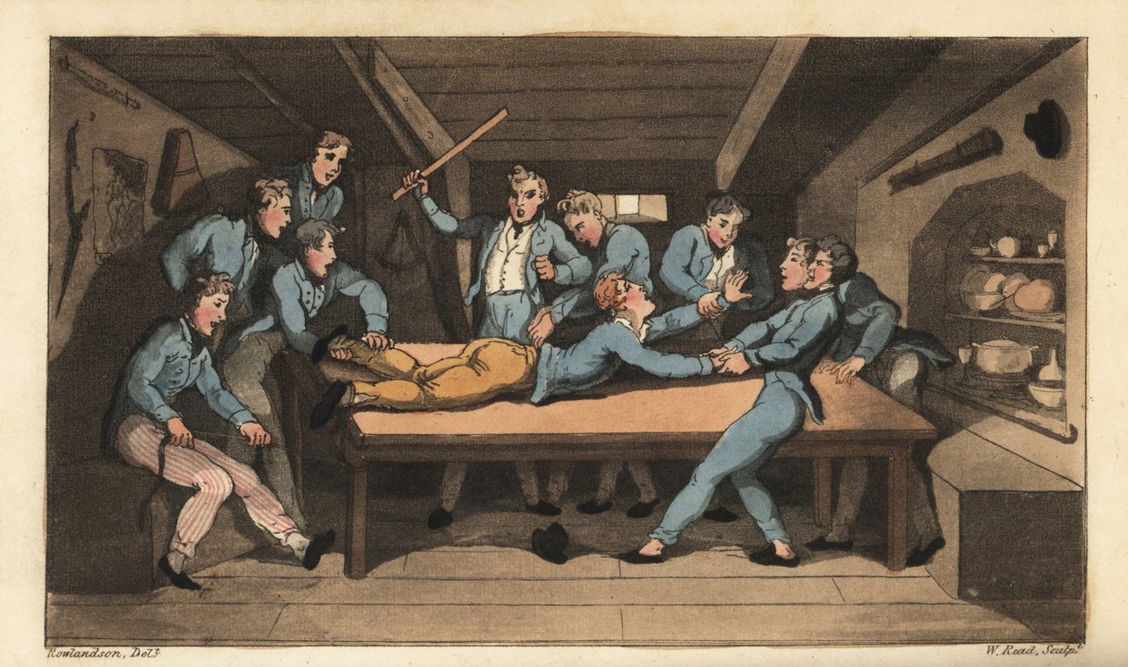 Marine straf van cobbing (afranselen) voor het verpesten van een maaltijd. Johnny wordt met een stok geslagen over de mess tafel voor het toevoegen van zout aan de pudding. Handgekleurde kopergravure door W. Read naar een illustratie van Thomas Rowlandson  door Thomas Rowlandson