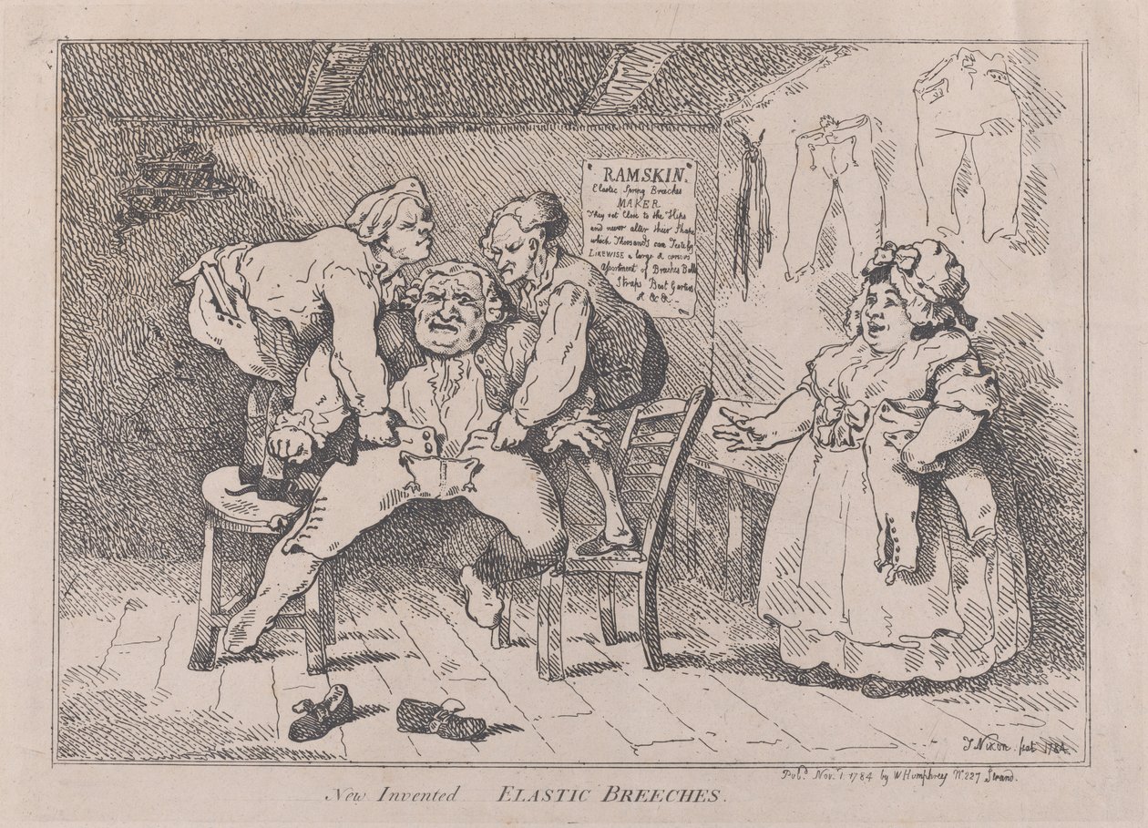 Nieuw uitgevonden elastische broeken, 1 november 1784 door Thomas Rowlandson