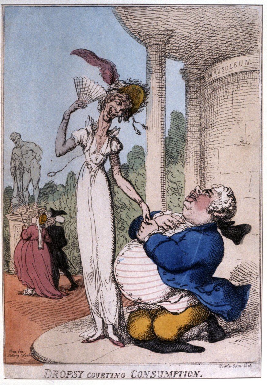 Obese man het hof maken aan een tuberculosepatiënt: waterzucht en consumptie, begin 19e eeuw (karikatuur) door Thomas Rowlandson