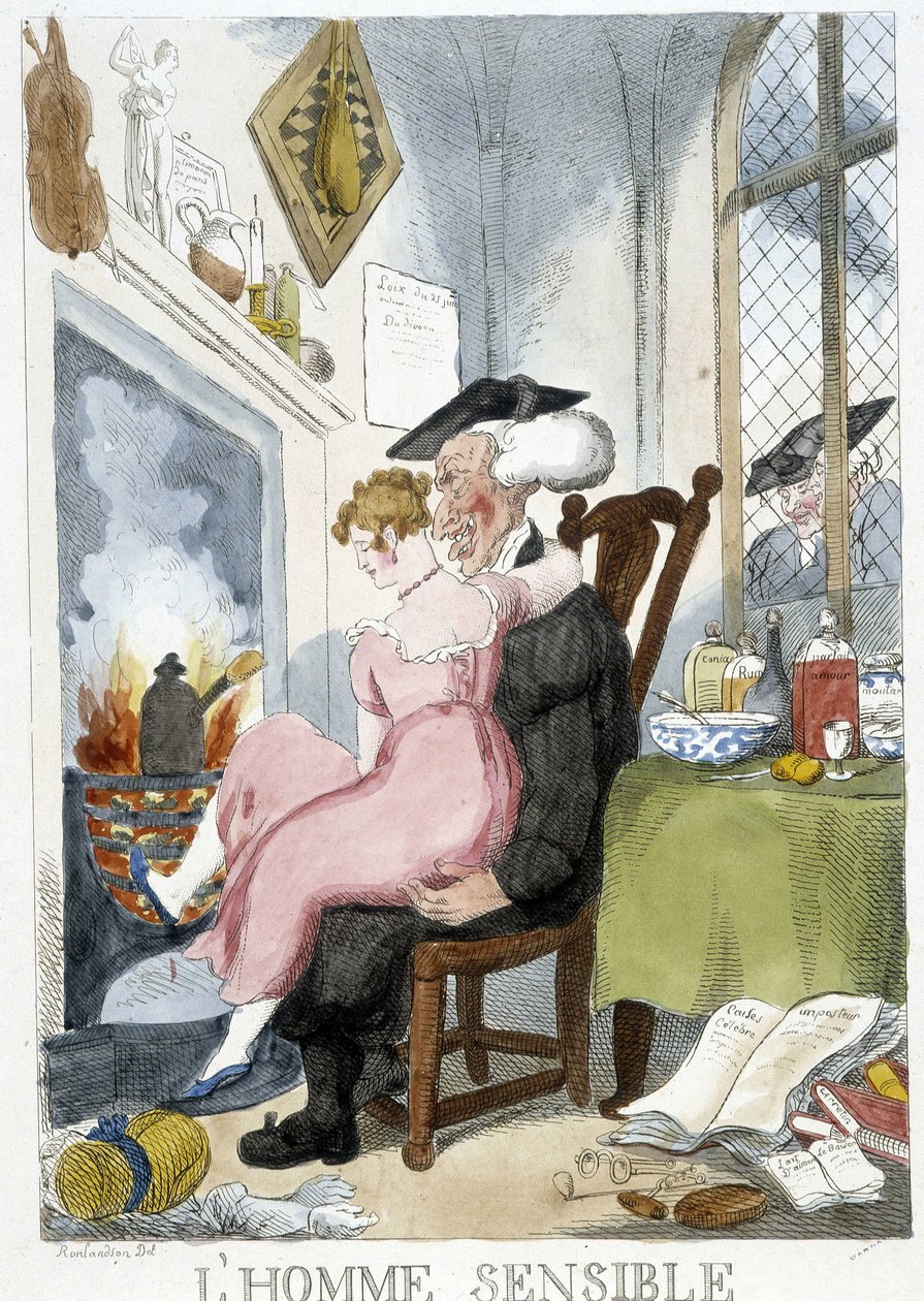 Oude man (kerkelijk) betast een jonge vrouw die op zijn knieën zit - karikatuur door Rowlandson door Thomas Rowlandson