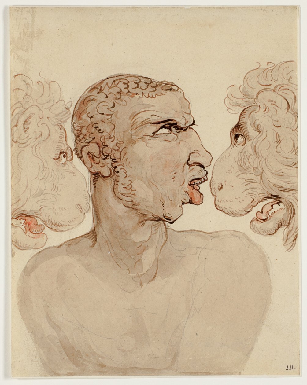 Fysiognomische studie van het hoofd van een man en twee leeuwen door Thomas Rowlandson