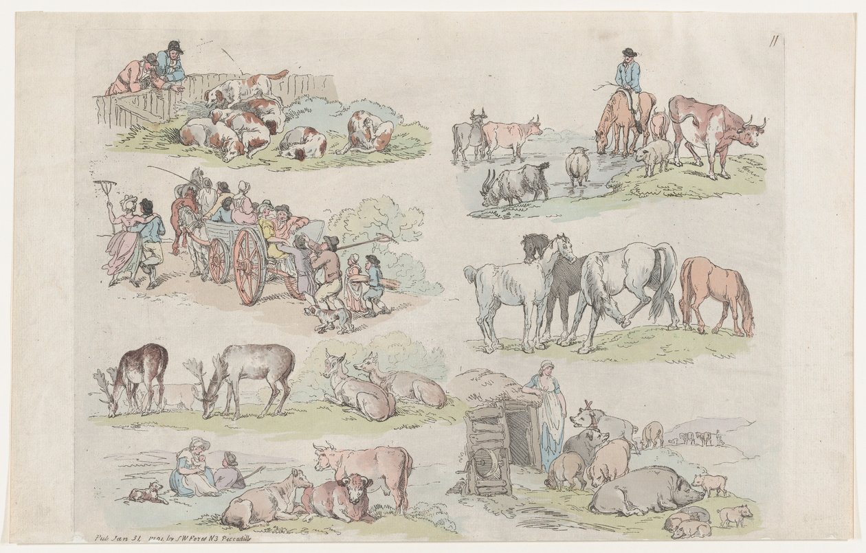 Plaat 11, Contouren van Figuren, Landschappen en Vee...voor het Gebruik van Leerlingen... door Thomas Rowlandson