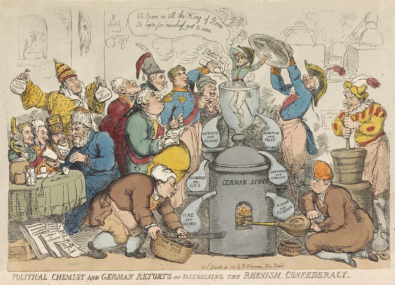 Politieke chemicus en Duitse retorten of het oplossen van de Rijnbond, uitgegeven 1813 door Thomas Rowlandson