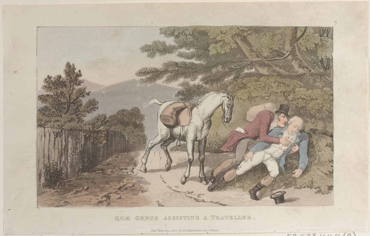 Quae Genus Helpt een Reiziger, uit De Geschiedenis van Johnny Quae Genus, The Litt..., 1 maart 1822 door Thomas Rowlandson