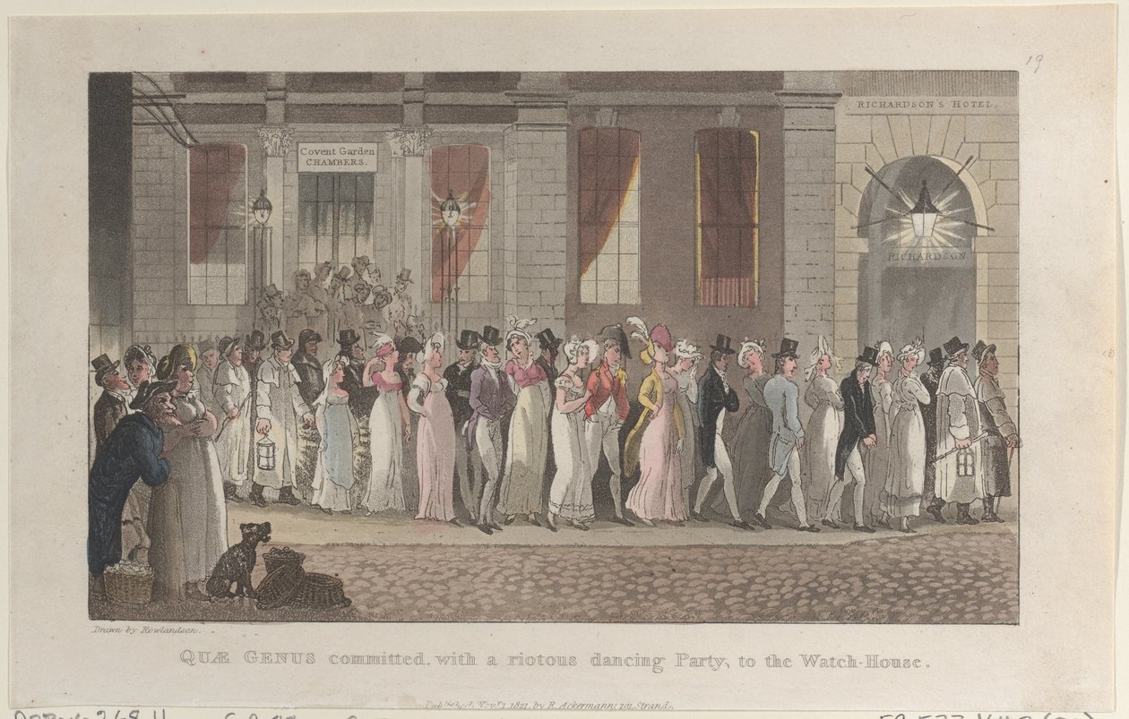 Quae Genus gearresteerd, met een uitbundig dansfeest, naar het wachthuis door Thomas Rowlandson