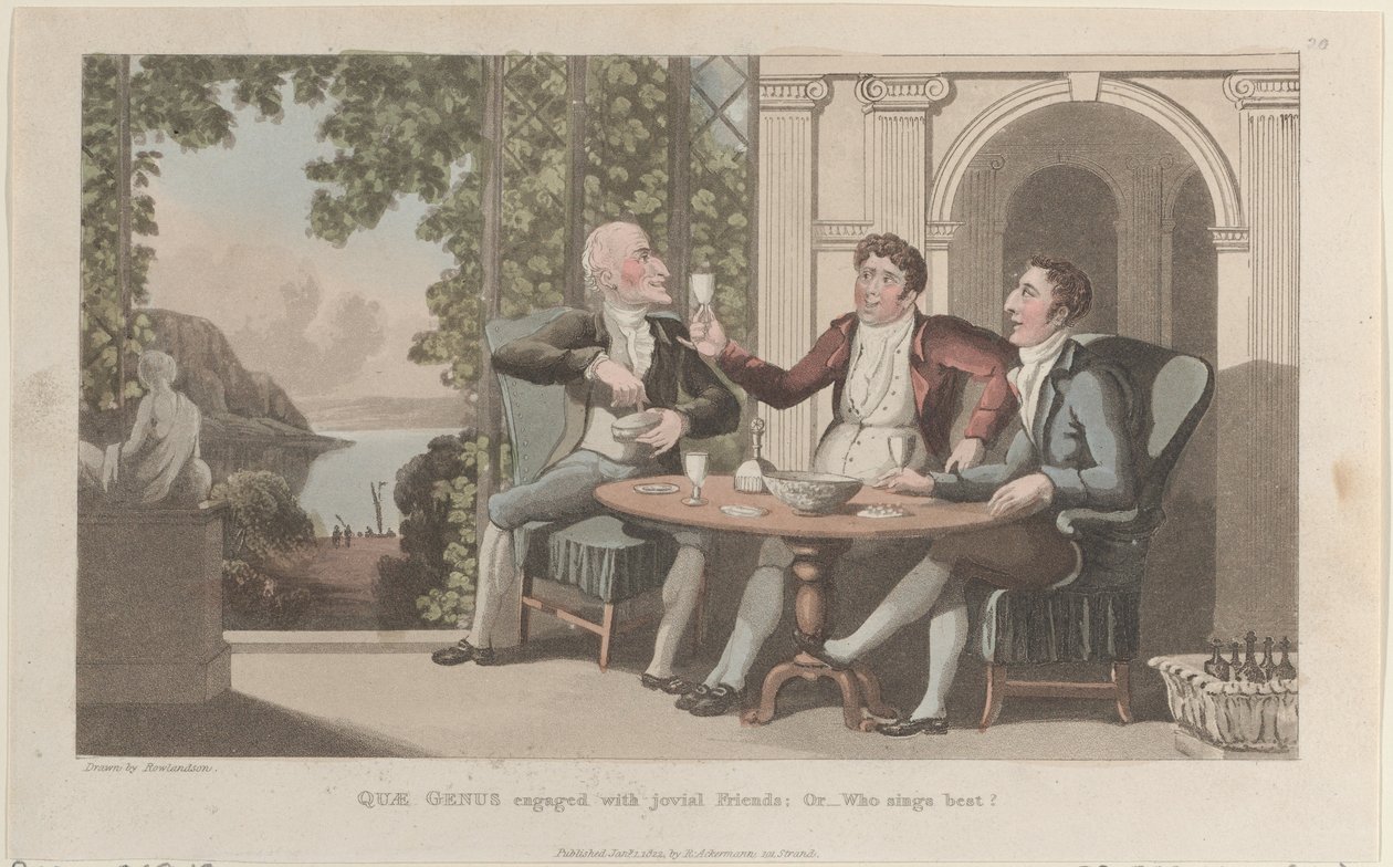 Quae Genus Bezig met Vrolijke Vrienden, Of-Wie Zingt het Best, uit De Geschiedenis van Johnny Quae Genus, 1 januari 1822 door Thomas Rowlandson