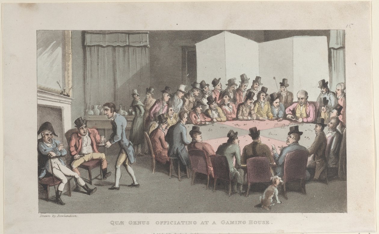 Quae Genus officiating in een gokhuis, uit De geschiedenis van Johnny Quae Gen..., 1 november 1821 door Thomas Rowlandson
