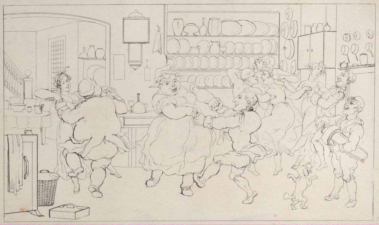 Quae Genus in de sporten van de keuken, uit De geschiedenis van Johnny Quoe Genus: de kleine..., 1822 door Thomas Rowlandson