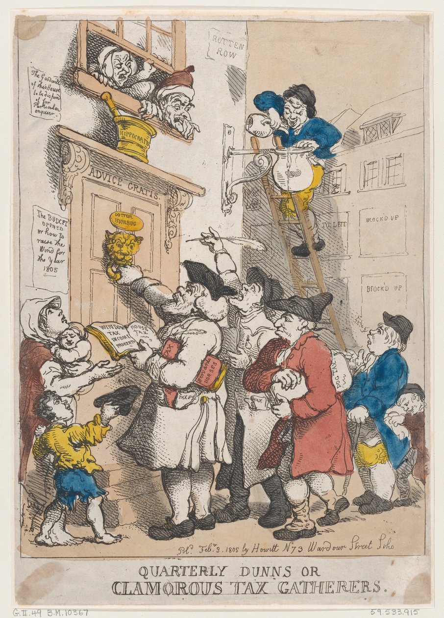 Kwartaalse Schuldeisers, of Luidruchtige Belastinginners door Thomas Rowlandson