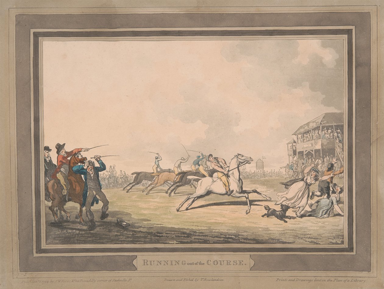 Racen [set van zes]:  5. Van de baan afrijden door Thomas Rowlandson