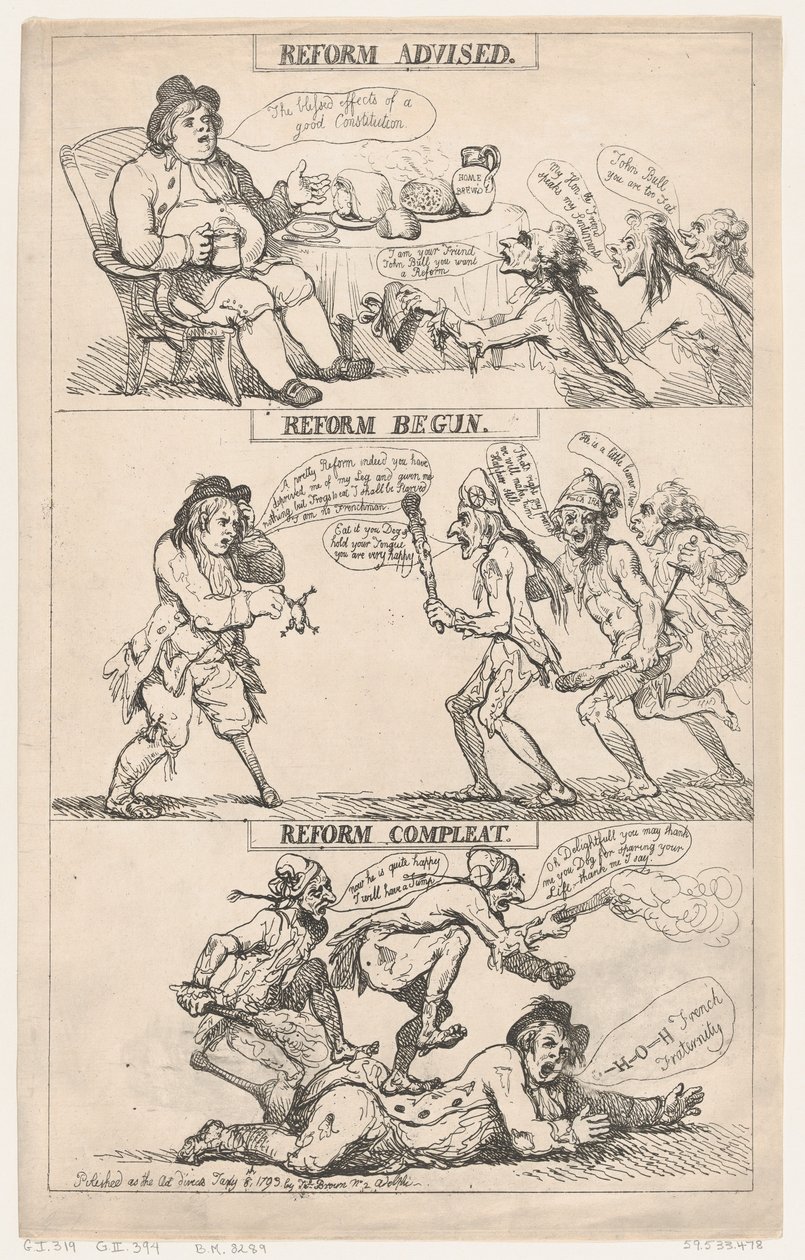 Hervorming aanbevolen, hervorming gestart, hervorming voltooid door Thomas Rowlandson