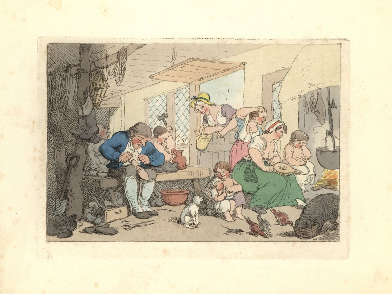 Regency schoenmaker repareert schoenen in een drukke kamer door Thomas Rowlandson