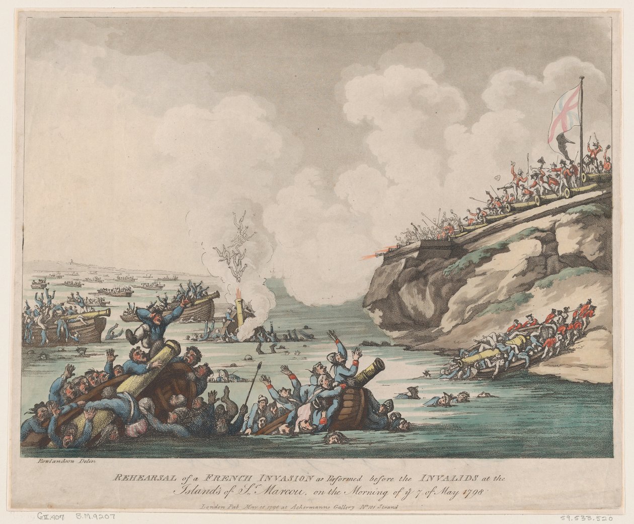 Repetitie van een Franse invasie uitgevoerd voor de invaliden op de eilanden van ..., 18 mei 1798 door Thomas Rowlandson