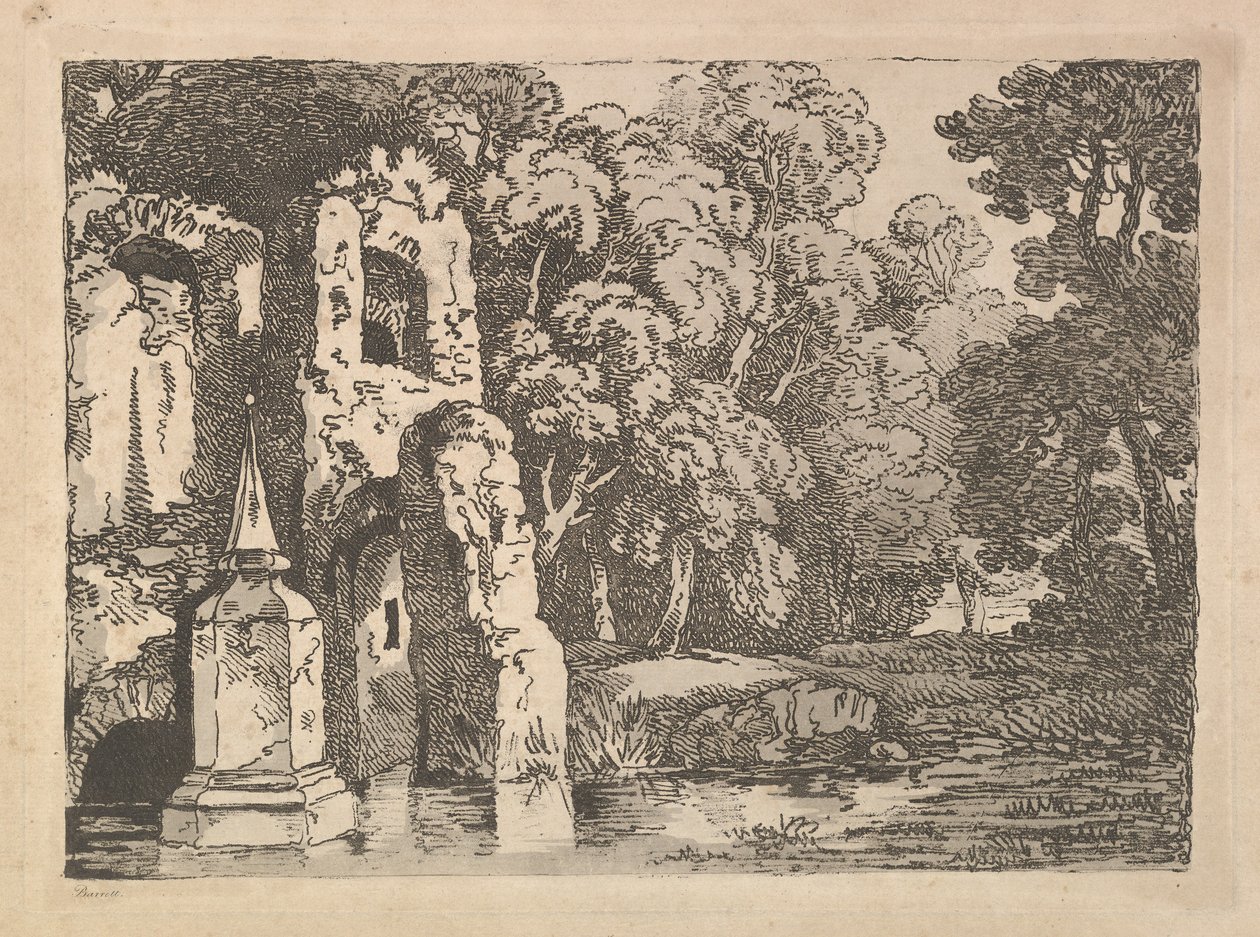 Ruïnes naast een vijver in een bebost landschap door Thomas Rowlandson