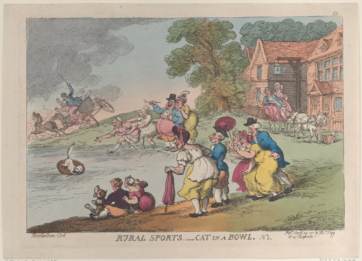 Plattelandsporten: kat in een kom, 24 april 1811 door Thomas Rowlandson