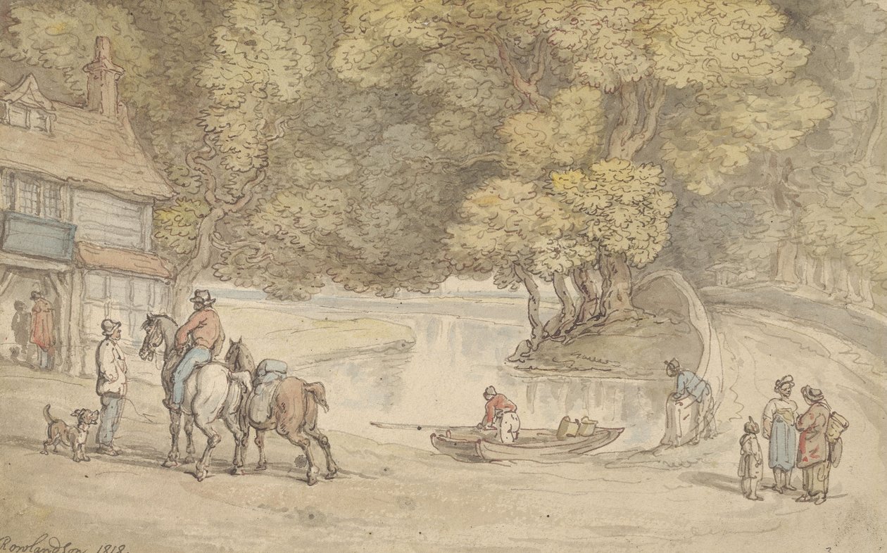 Rustiek tafereel met een rivier en een brug door Thomas Rowlandson