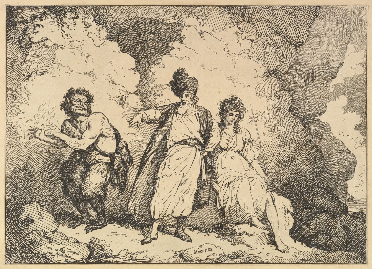 Scène uit De Storm: Caliban, Prospero en Miranda, [1783-87] heruitgegeven 1801 door Thomas Rowlandson