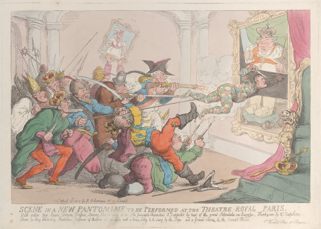 Scène in een nieuwe pantomime op te voeren in het Theatre Royal Parijs door Thomas Rowlandson
