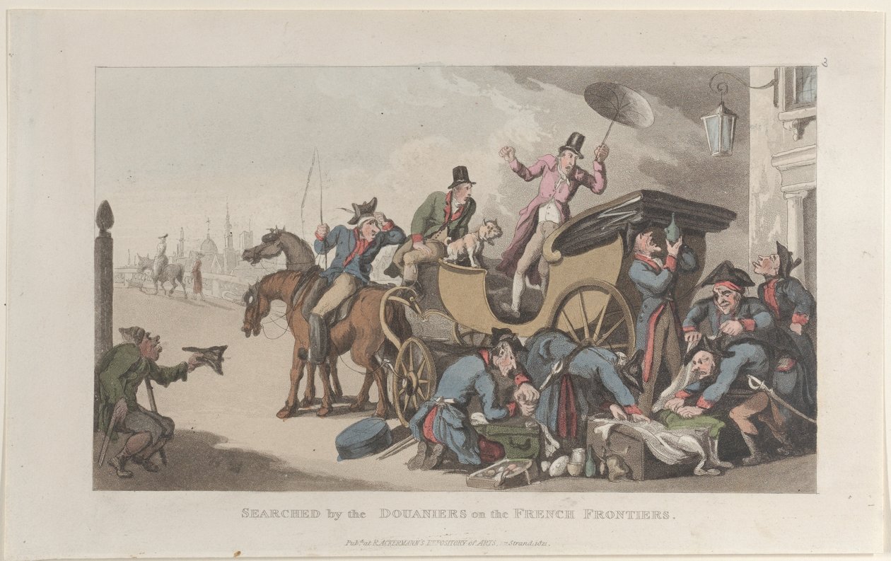 Doorzocht door de douaniers aan de Franse grens, uit Journal of Sentimental Travels door Thomas Rowlandson