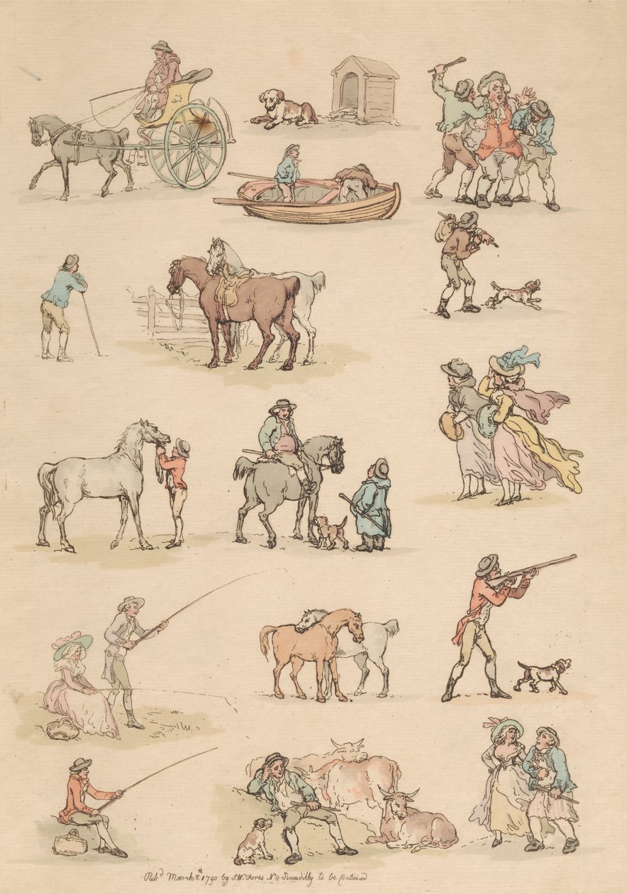 Set van zestien: Contouren van figuren en landschappen door Thomas Rowlandson