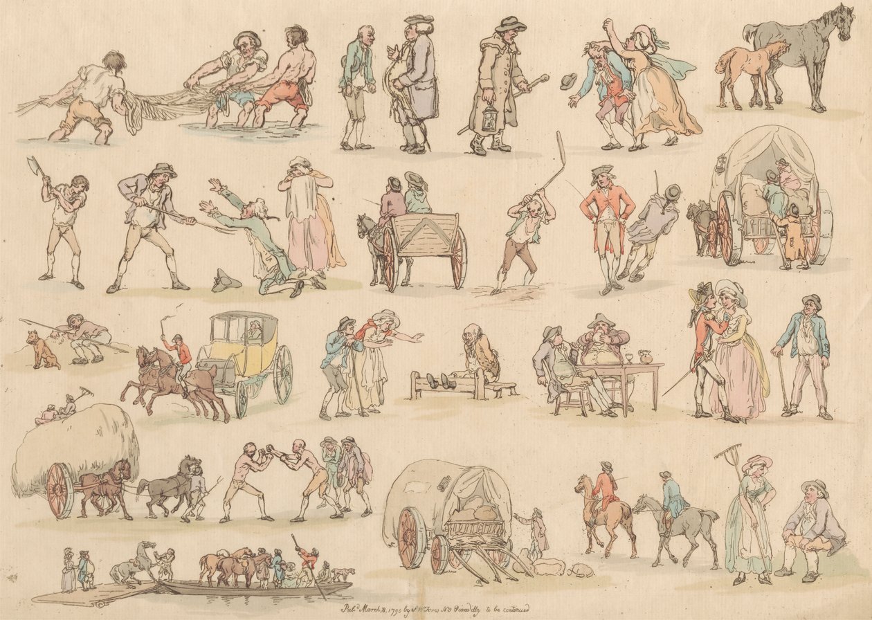 Set van zestien: Contouren van figuren en landschappen door Thomas Rowlandson