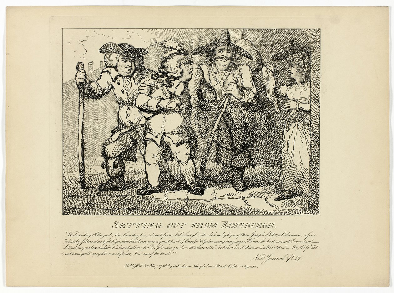 Vertrek vanuit Edinburgh, van Boswells Tour of the Hebrides door Thomas Rowlandson