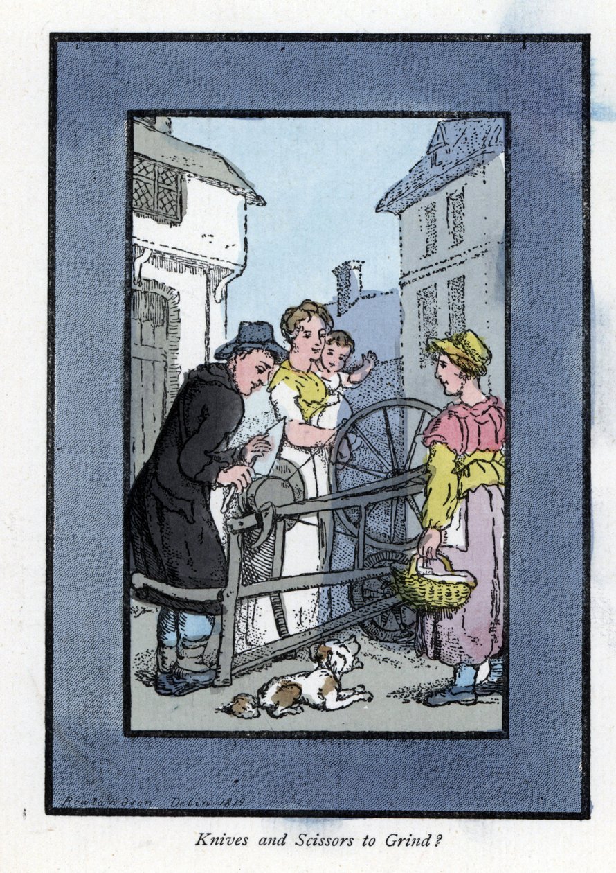 Slijper die een mes slijpt op zijn slijpsteen, met zijn klanten (1819). Houtsnede, gebaseerd op een schilderij van Thomas Rowlandson, gepubliceerd in The Cris of London door Thomas Rowlandson