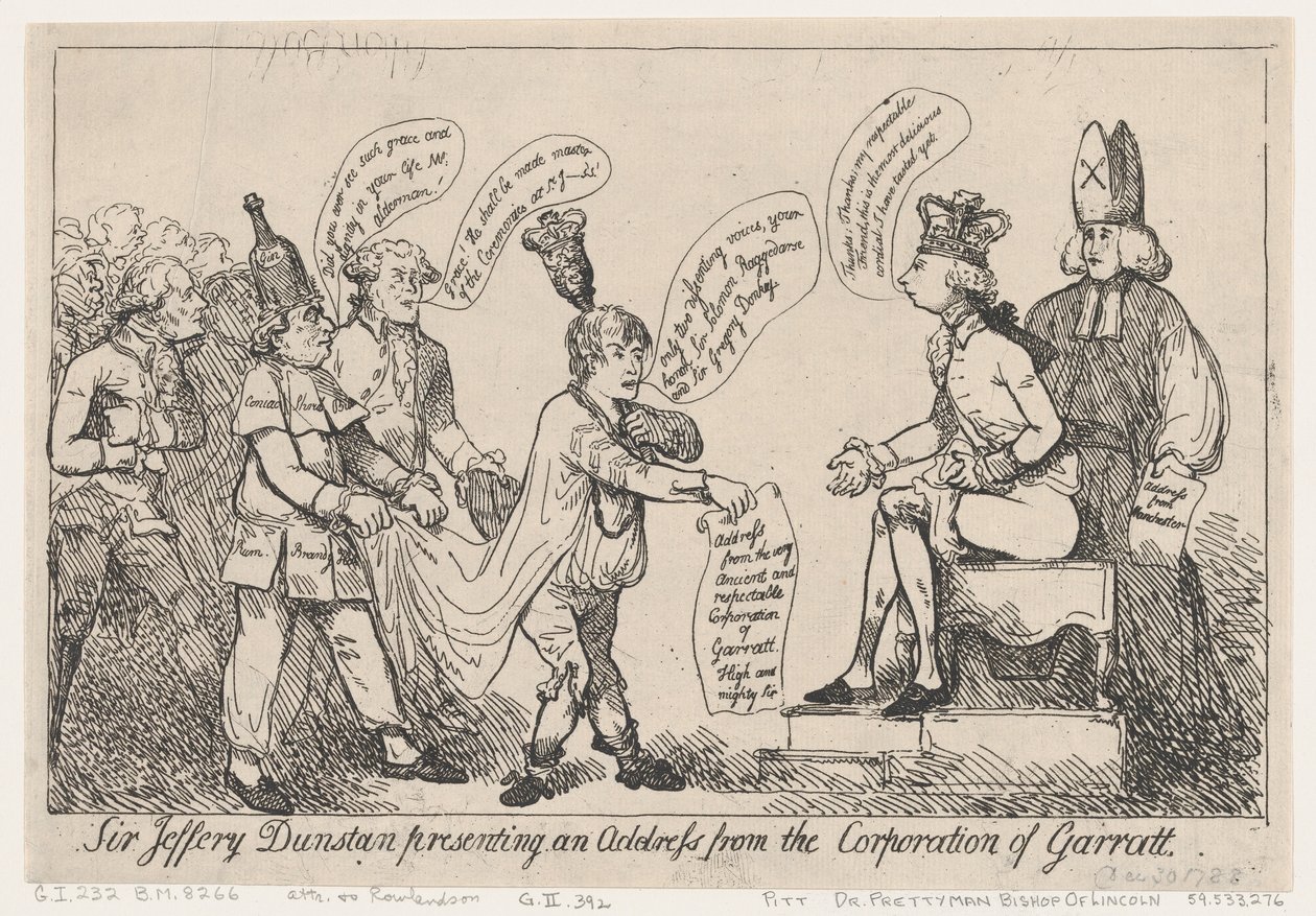 Sir Jeffery Dunstan houdt een toespraak namens het stadsbestuur van Garratt door Thomas Rowlandson