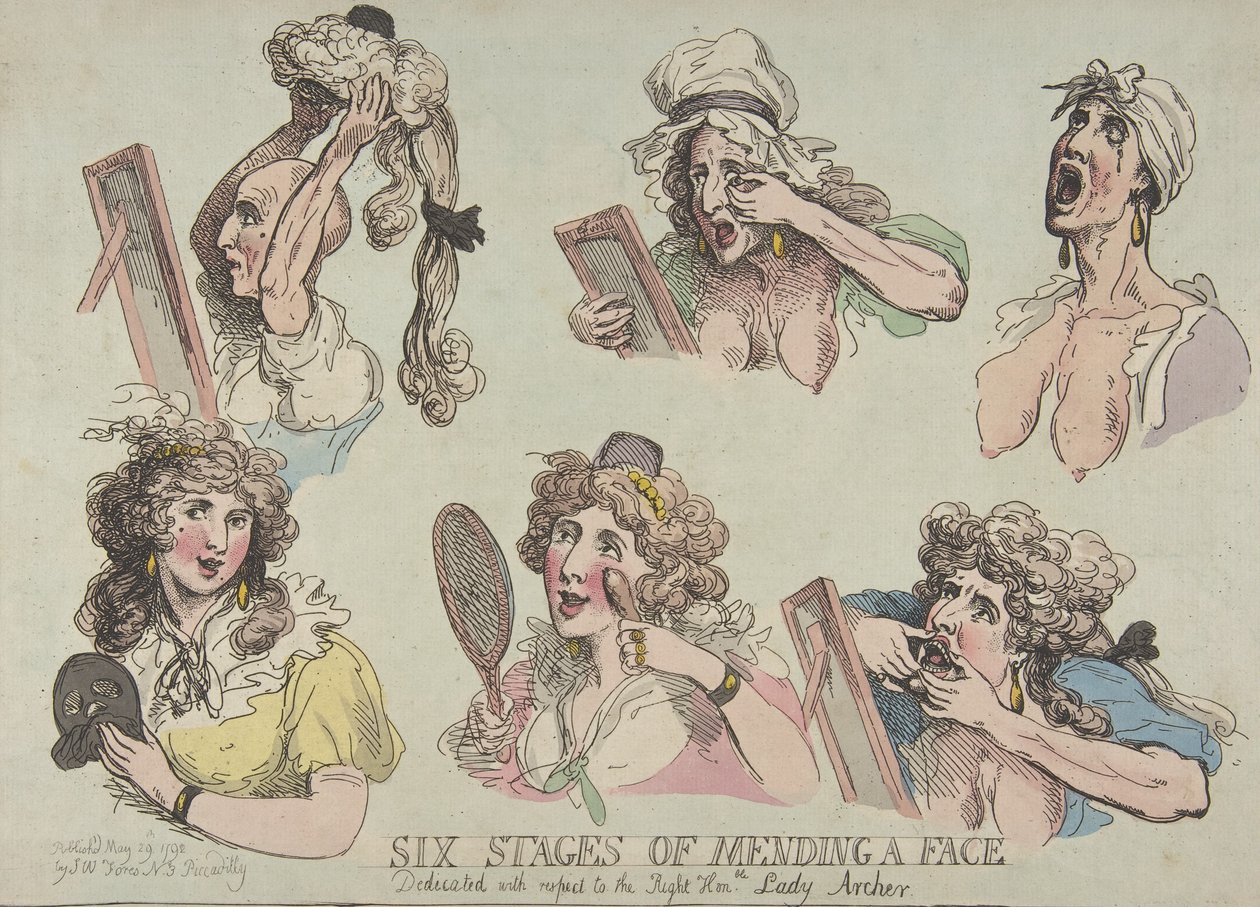 Zes stadia van het herstellen van een gezicht, toegewijd met respect aan de Eerwaarde Lady Ar..., 29 mei 1792 door Thomas Rowlandson
