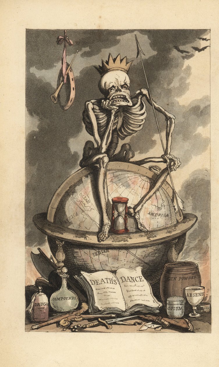 Skelet met kroon, speer en zandloper zittend op een wereldbol boven verschillende dodelijke wapens, pistolen, messen, vergiften en drugs. Handgekleurde kopergravure getekend en gegraveerd door Thomas Rowlandson uit The English Dance of Death, Ackermann, Lo door Thomas Rowlandson