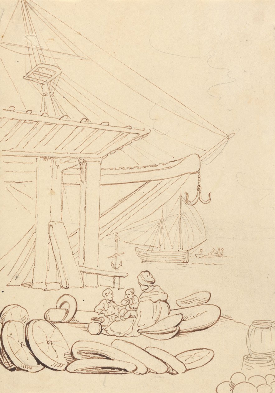 Schets van een vrouw en kinderen die op een laadkade zitten door Thomas Rowlandson