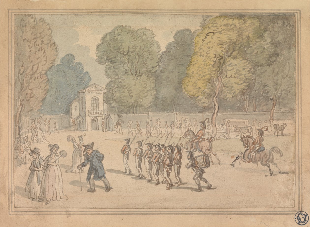 Soldaten in St. James Park door Thomas Rowlandson