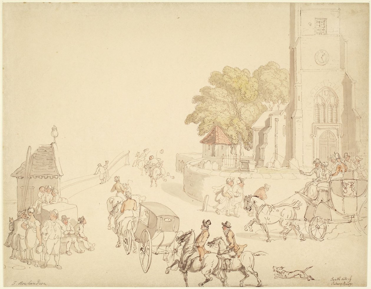 Zuidkant van Putney Bridge door Thomas Rowlandson