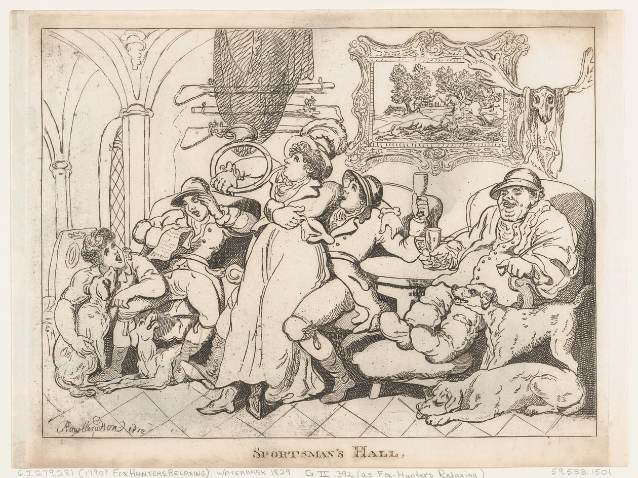 De sporterszaal, of: Jagers die tot rust komen door Thomas Rowlandson