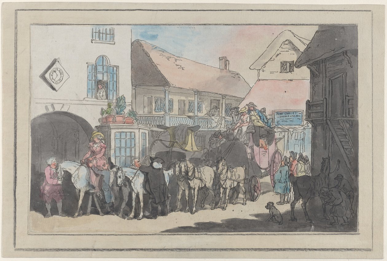 Postkoets en ruiters op de binnenplaats van een herberg, klaar om te vertrekken door Thomas Rowlandson