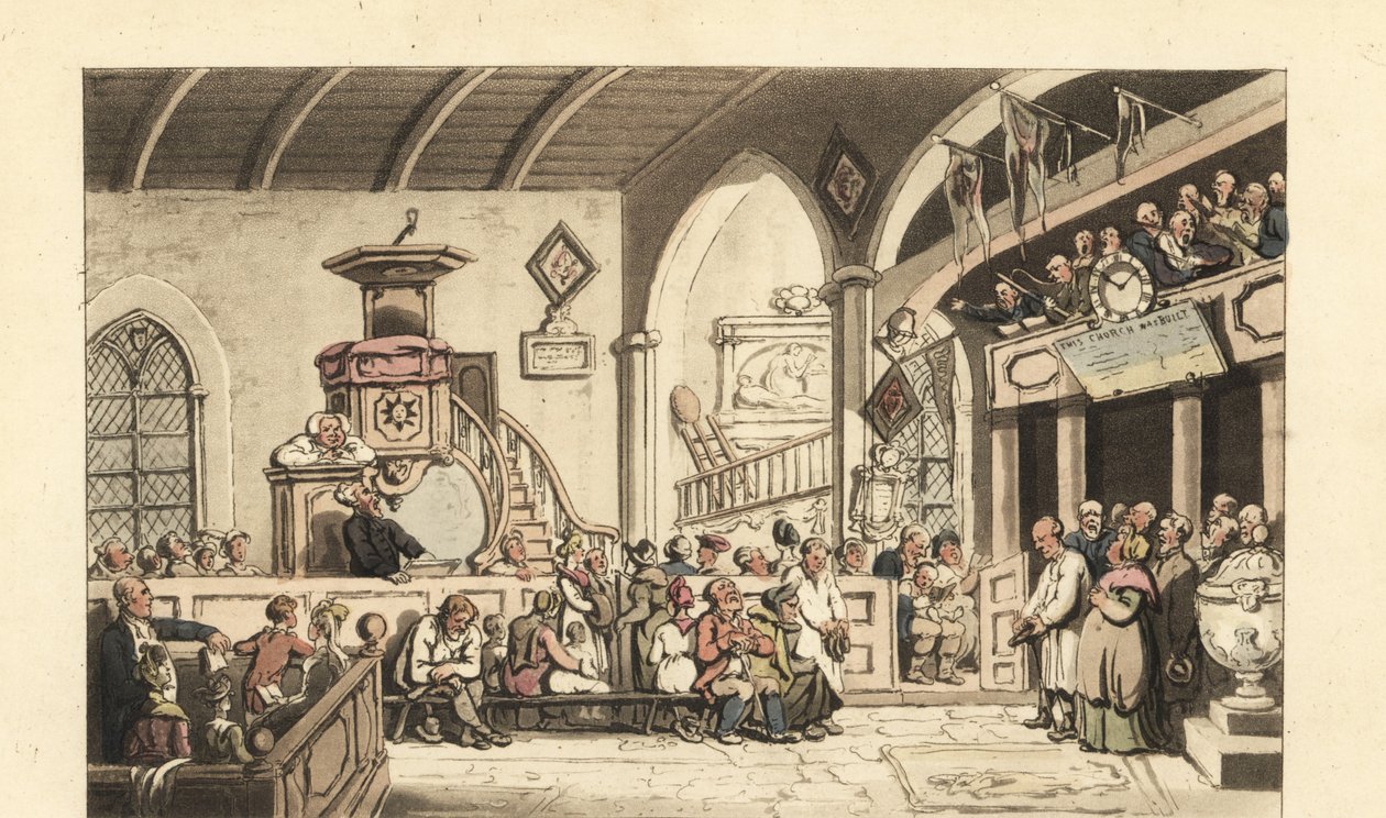 Zondagdienst in een plattelandskerk, Regency Tijdperk door Thomas Rowlandson