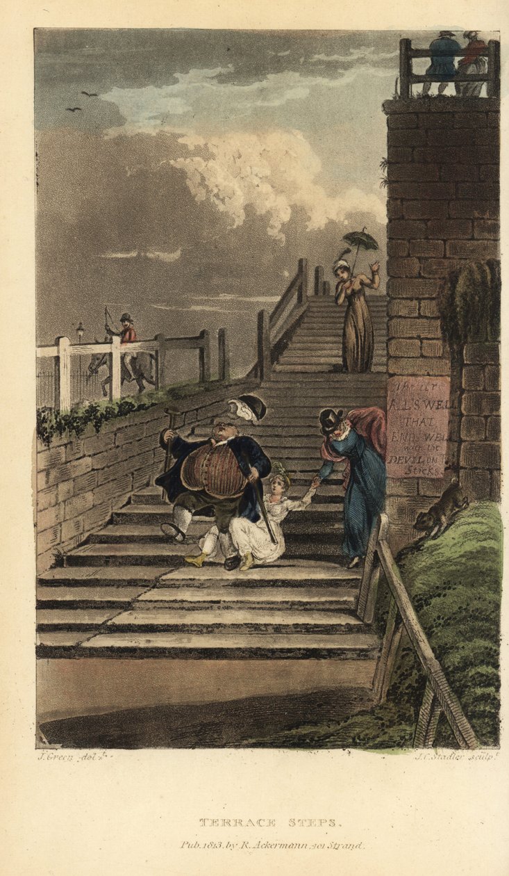Terras Trappen: toeristen vallen van de trappen van Cliff Terrace. Handgekleurde kopergravure door Thomas Rowlandson, aquatint door J.C. Stadler, naar een schets van J. Green uit Poetical Sketches of Scarborough, Ackermann, Londen door Thomas Rowlandson