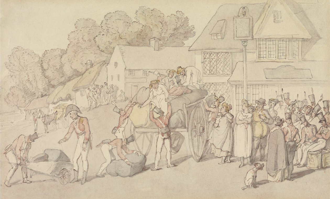 De aankomst van een compagnie milities bij een herberg door Thomas Rowlandson