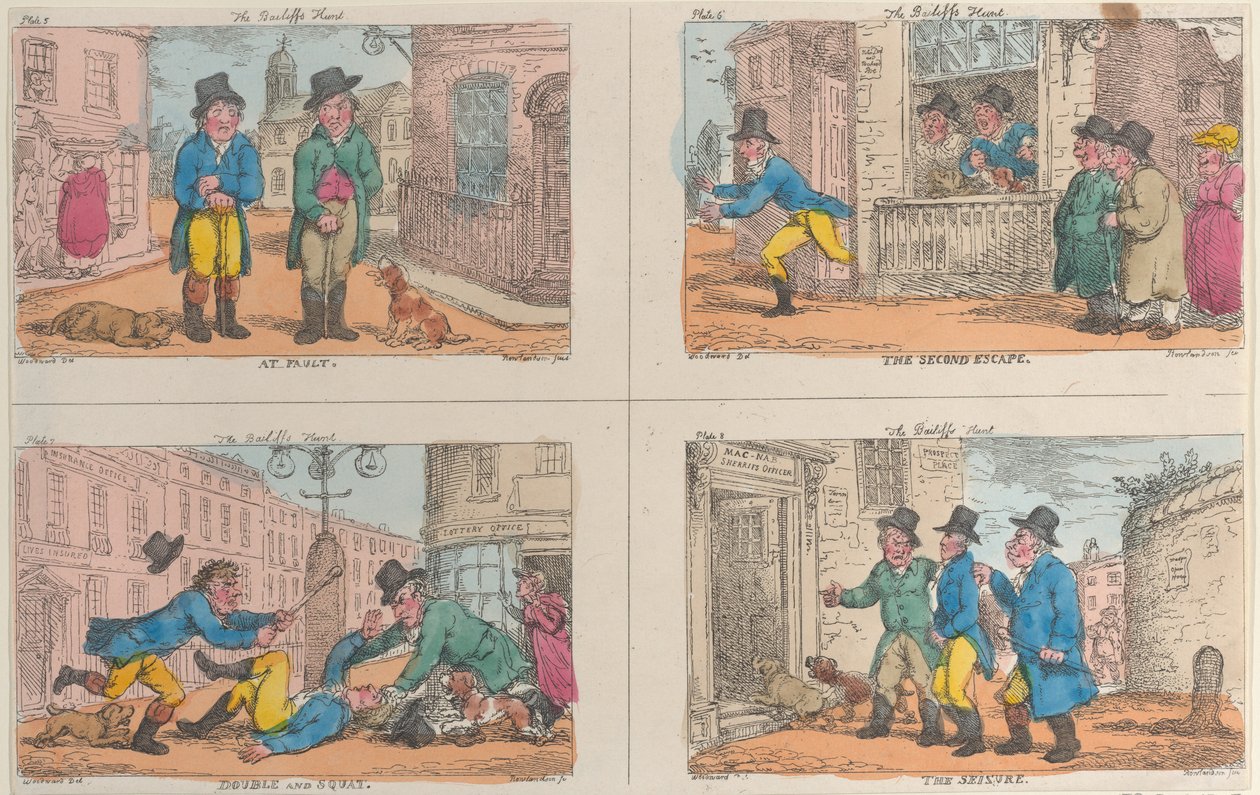 De jacht van de baljuw: In fout, De tweede ontsnapping, Dubbel en Squat, en De inbeslagname, 1809 door Thomas Rowlandson