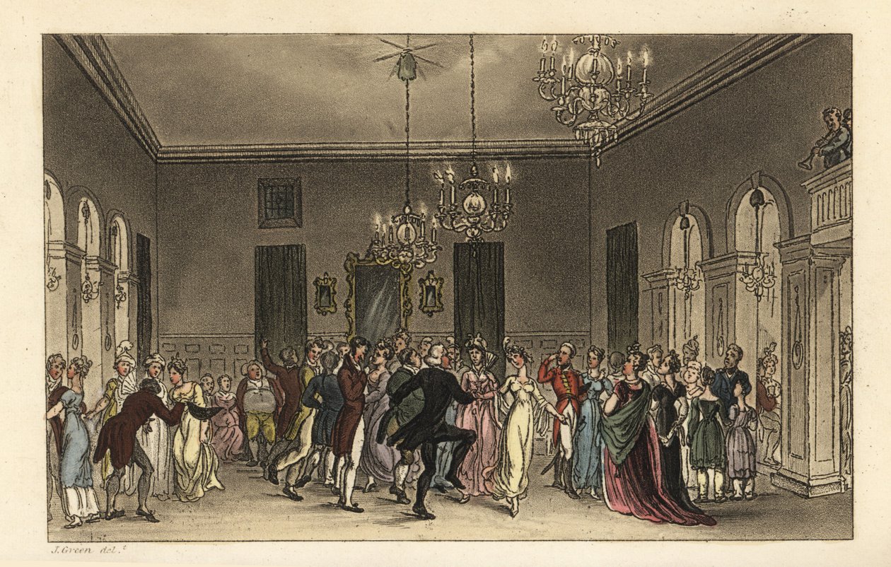 De balzaal: modieuze toeristen dansen in de Scarborough Assembly Rooms. Elke heer die danst betaalt 2s, en elke dame die thee drinkt betaalt 1s. Handgekleurde kopergravure door Thomas Rowlandson naar een schets van J. Green uit Poetical Sketches of Scarbor door Thomas Rowlandson
